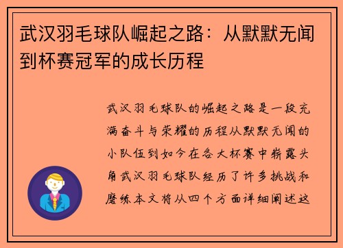 武汉羽毛球队崛起之路：从默默无闻到杯赛冠军的成长历程